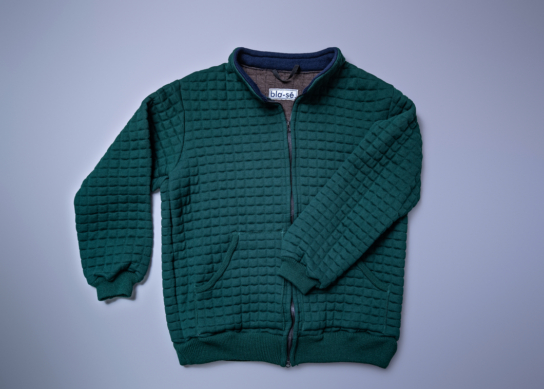Waffle Knit Bomber Jacket - Racing Green with Navy Trim collar