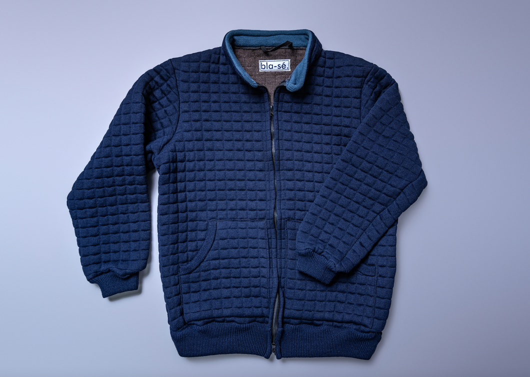 Waffle Knit Bomber Jacket - Navy with Denim Trim collar