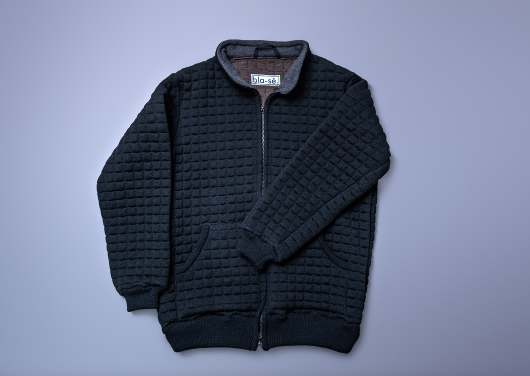 Waffle Knit Bomber Jacket - Black with Grey trim Collar
