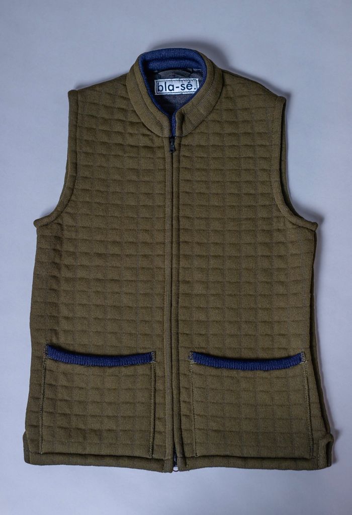 Waffle Knit Nehru Gilet - Moss with Navy Trims (Limited Edition)