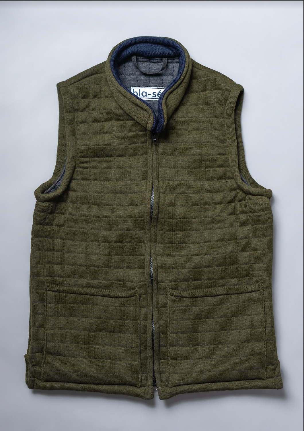 Waffle Knit Nehru Gilet - Moss with Navy Blue Trim