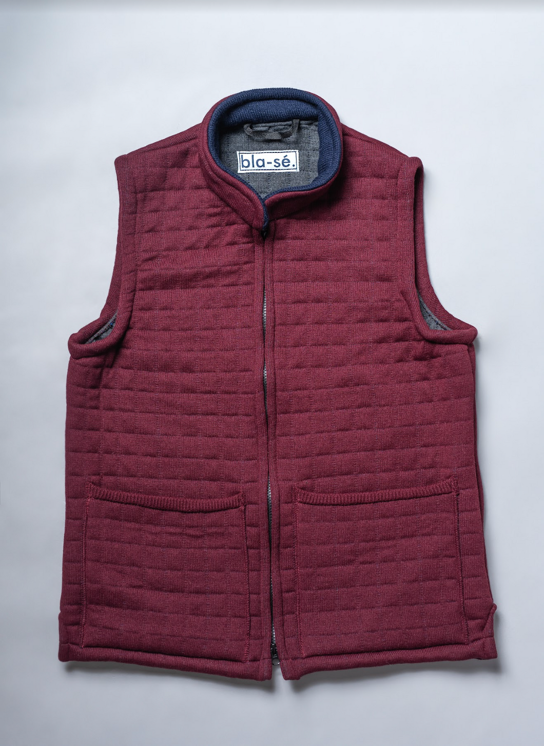Waffle Knit Nehru Gilet - Burgundy/Navy blue trim